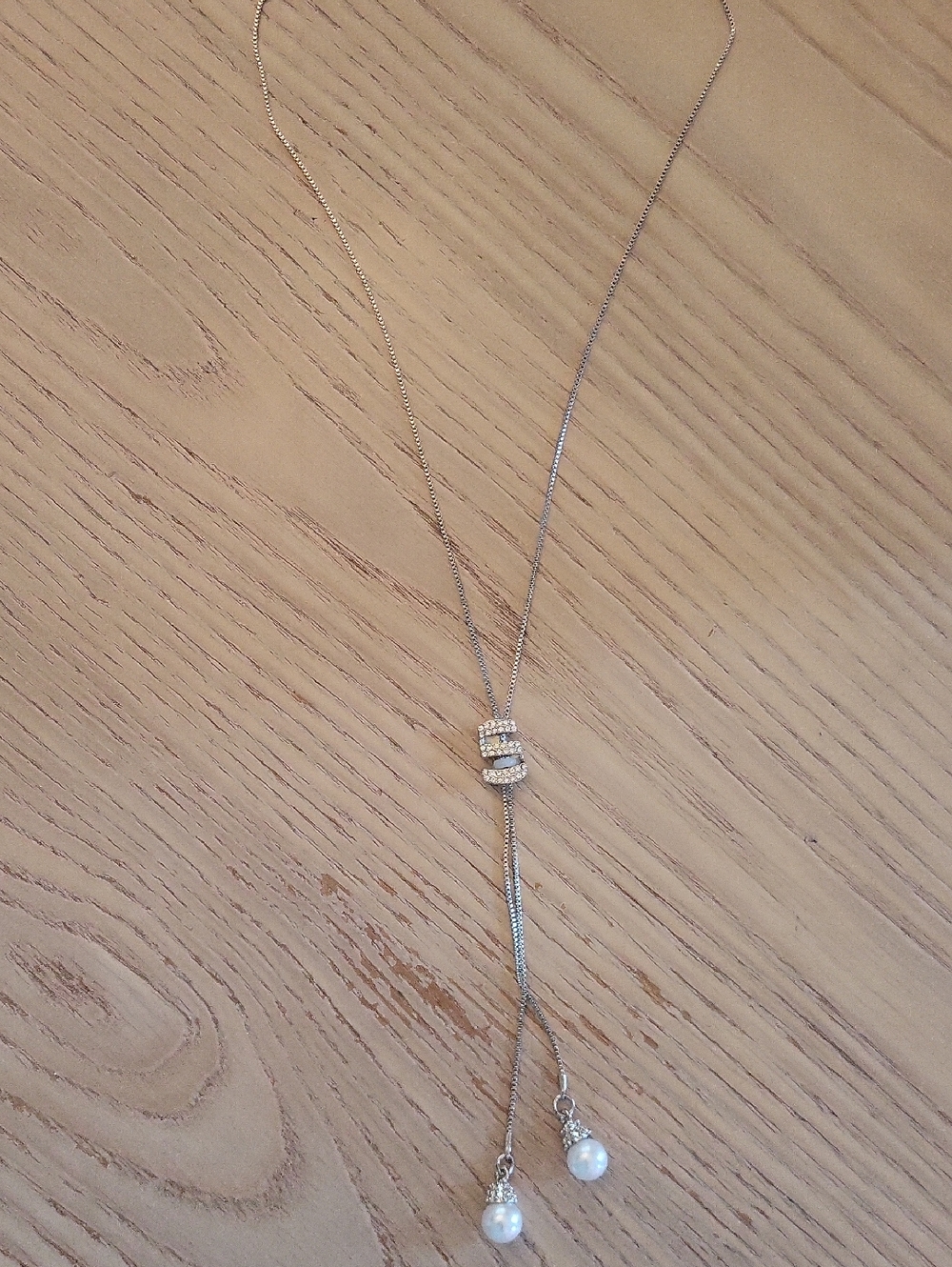 Source Unknown Silver Lariat Necklace with Crystal Slider and Pearl Drops